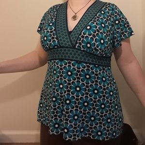 Hot Tempered - Deep V Blouse Blue Flowers 1X